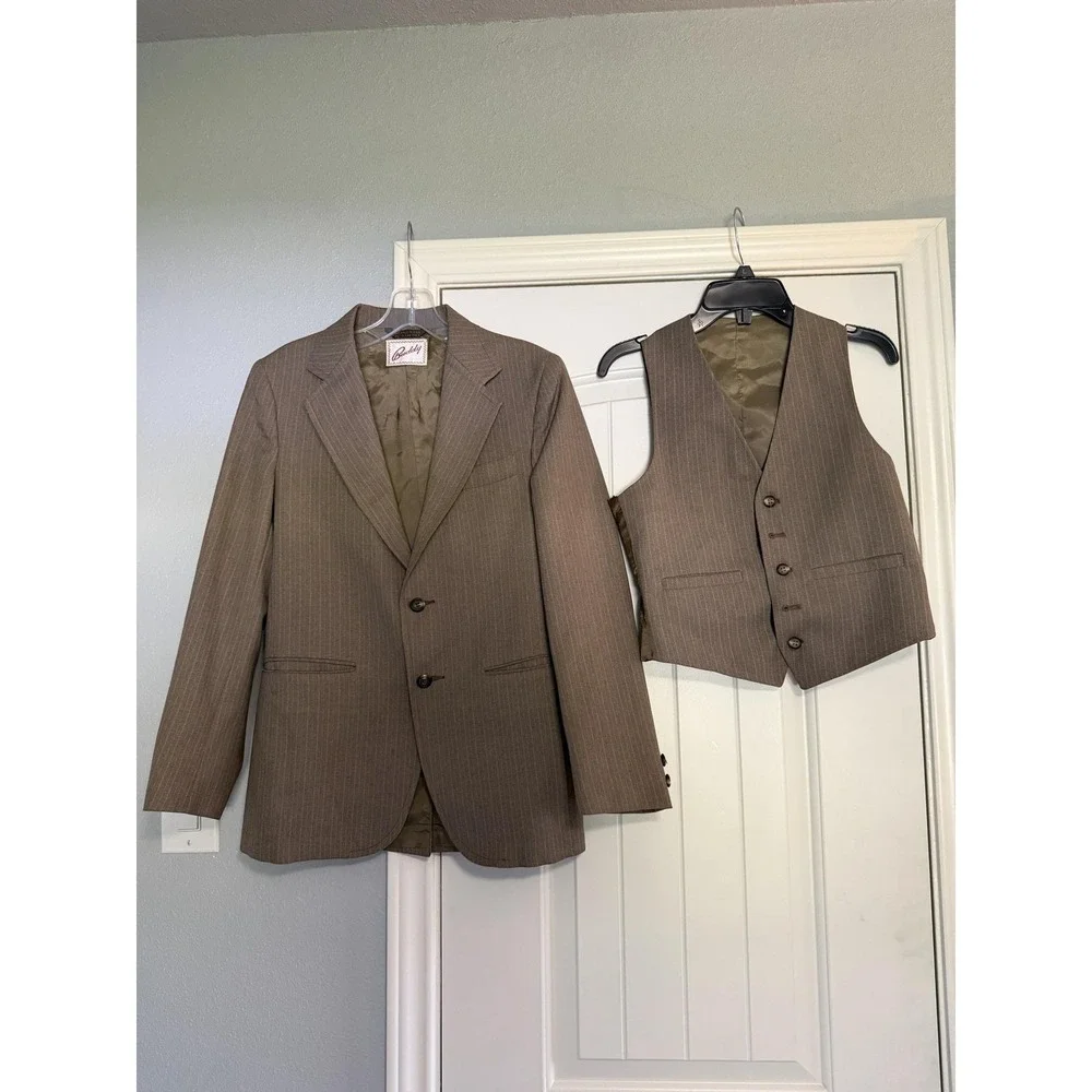 Buddy Suit Mens 32 Brown Stripe 2 Piece Jacket Vest Tailored USA Formal Business
